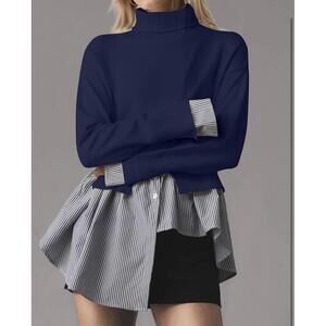 Women's Navy Blue Turtleneck Sweater with Striped Shirt Hem Detail - Medium